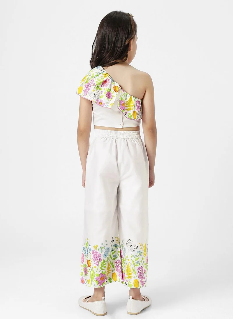 Nautinati Girls' Cotton Blend Floral Printed One Shoulder Ruffled Top with Trousers Co-ord Set
